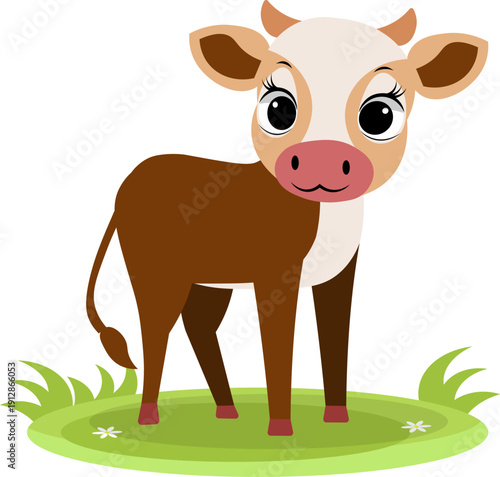Farm Animals. Cute farm. A brown calf stands in a meadow.  Collection of farm animals. Flat vector illustration. Isolated