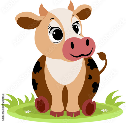 Farm Animals. Cute farm. A brown cow is sitting in a meadow.  Collection of farm animals. Flat vector illustration. Isolated