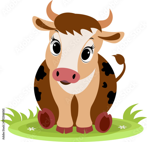 Farm Animals. Cute farm. A cute cow is sitting in a meadow.  Collection of farm animals. Flat vector illustration. Isolated