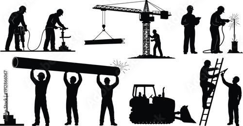 Silhouettes of construction workers performing various tasks with tools, machinery, and teamwork, industrial labor vector illustration set
