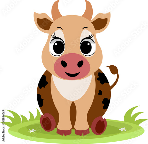 Farm Animals. Cute farm. A funny brown cow is sitting in a meadow. Collection of farm animals. Flat vector illustration. Isolated