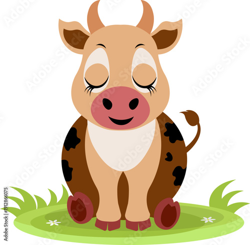 Farm Animals. Cute farm. A funny brown cow is resting in a meadow.  Collection of farm animals. Flat vector illustration. Isolated