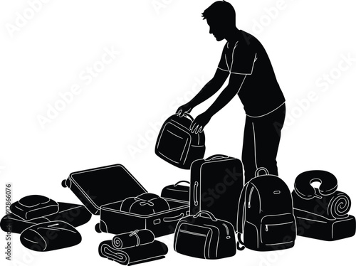 Silhouette of traveler organizing luggage and gear for trip with suitcases, sleeping bags, and accessories representing preparation, mobility, and adventure themes