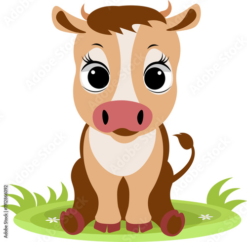 Farm Animals. Cute farm. A small calf is sitting in a meadow. Collection of farm animals. Flat vector illustration. Isolated