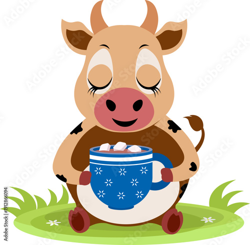 Farm Animals. Cute farm. A cute cow with a cup of coffee with marshmallows is sitting in a meadow. Collection of farm animals. Flat vector illustration. Isolated
