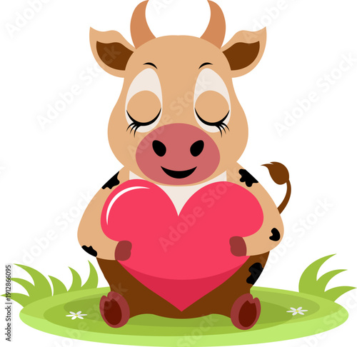 Farm Animals. Cute farm. A cute cow with a heart sits in a meadow. Collection of farm animals. Flat vector illustration. Isolated