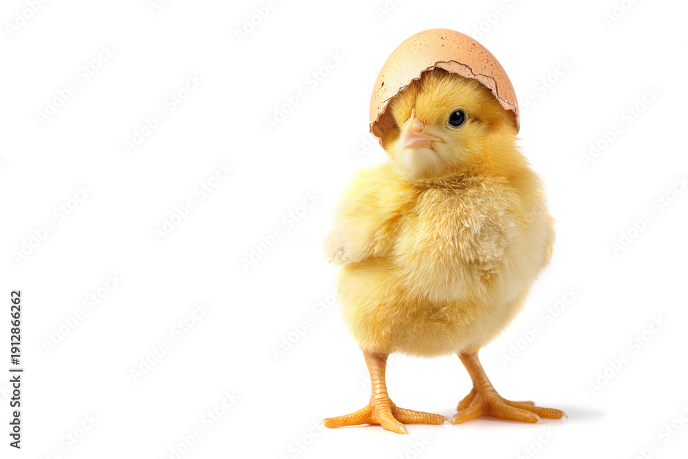 Obraz premium Funny yellow newly hatched small baby chick with cracked eggshell on his head isolated on white background with copy space, spring and Easter celebration