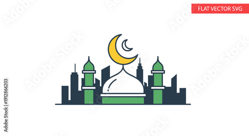 Islamic Mosque Icon with Crescent Moon and Modern City Skyline