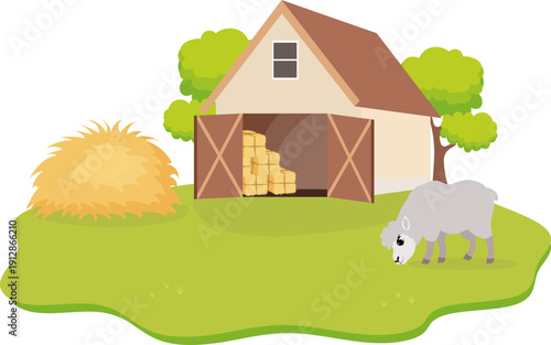 Farm Animals. Cute farm. A sheep eats grass near a barn on a farm. Collection of farm animals. Flat vector illustration. Isolated