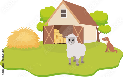 Farm Animals. Cute farm. A sheep and a dog near a barn on a farm. Collection of farm animals. Flat vector illustration. Isolated