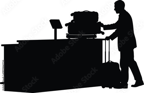 Silhouette of traveler at airport check-in counter with luggage and monitor representing travel preparation, airline procedures, and mobility for tourism and transit themes