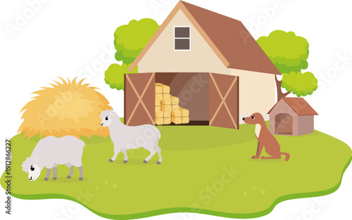 Farm Animals. Cute farm. Two sheep and a dog near a barn on a farm. Collection of farm animals. Flat vector illustration. Isolated