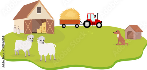 Farm Animals. Cute farm. Sheep, dog and tractor near a barn on a farm. Collection of farm animals. Flat vector illustration. Isolated