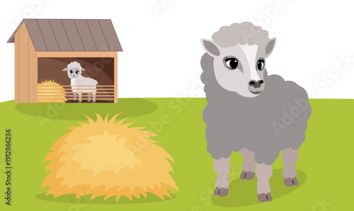Farm Animals. Cute farm. Sheep on the farm.Collection of farm animals. Flat vector illustration. Isolated