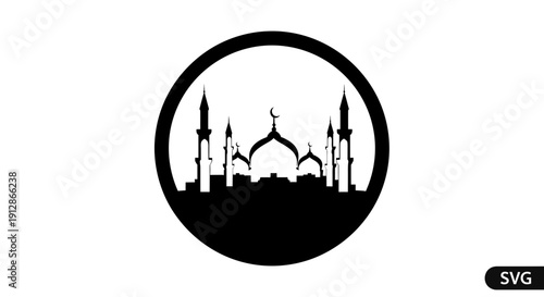 Islamic Mosque Silhouette in Circle, Ramadan Kareem, Eid Mubarak Symbol