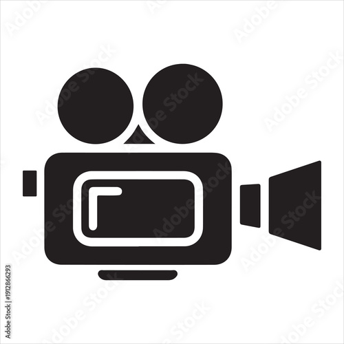 Black silhouette of vintage movie camera on a tripod against white background