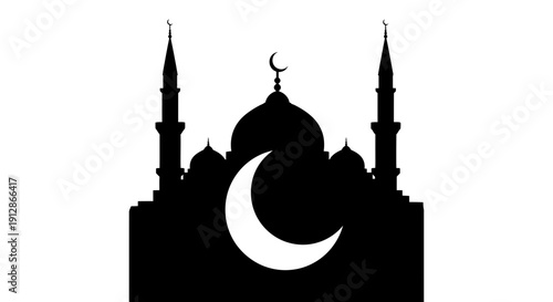 Mosque Silhouette with Crescent Moon and Star