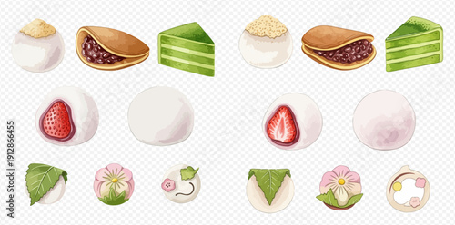 Watercolor illustration of various traditional Japanese sweets and desserts, wagashi collection.