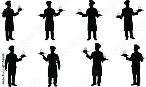 Silhouettes of chefs holding steaming plates in various poses representing culinary arts, cooking, restaurant service, and food preparation for hospitality themes