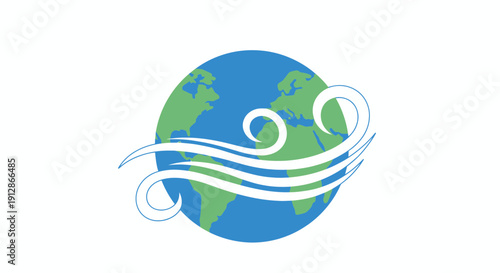 Planet Earth with swirling wind icon, global climate concept