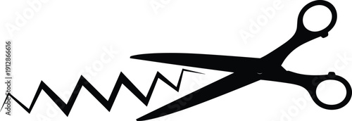 Silhouette of scissors cutting through a jagged zigzag line representing editing, separation, reduction, or creative design for graphic, concept, and symbol use