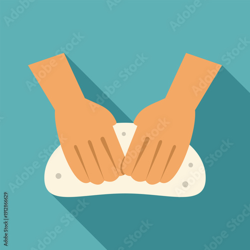 Hands kneading fresh dough for cooking or baking in a simple flat design