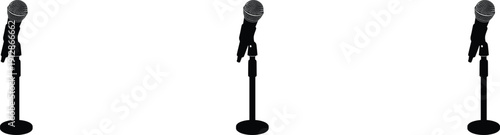 Silhouettes of three microphones on stands, minimalistic audio setup illustration for stage, recording, or press conference concept