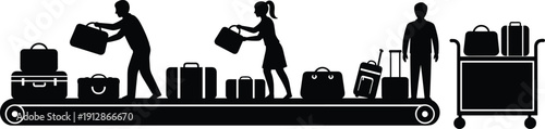 Silhouette of travelers retrieving luggage at airport baggage claim conveyor, air travel and post-flight process vector illustration