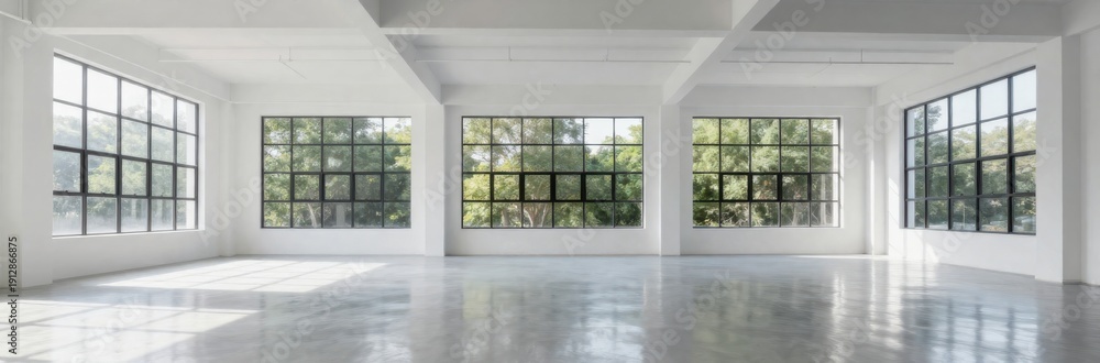 Fototapeta premium Bright and spacious open plan interior with large windows, minimalist design and polished concrete floor