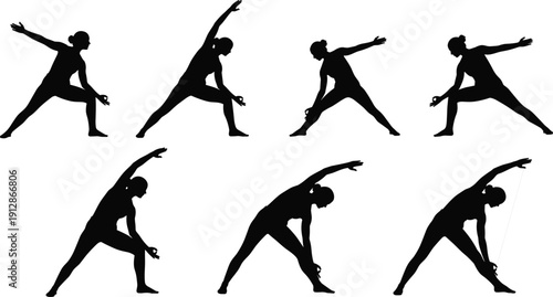 Silhouette sequence of person performing yoga side stretches and warrior poses, flexibility and balance illustration for fitness, wellness, and body posture themes