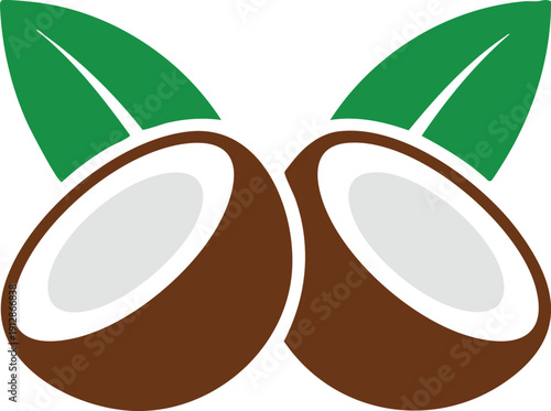Vibrant Pictogram of a Cracked Coconut with Green Foliage, Clean Flat-Design Logo Representing Organic Coconut Products, vector, illustration, silhouette.