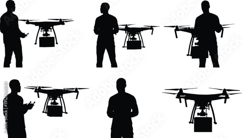 Silhouette set of person operating quadcopter drone with camera and delivery box, modern technology illustration for aerial transport, surveillance, and robotics