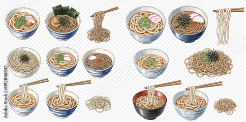 Collection of various delicious Japanese ramen and udon noodle dishes with chopsticks, isolated on a transparent background.