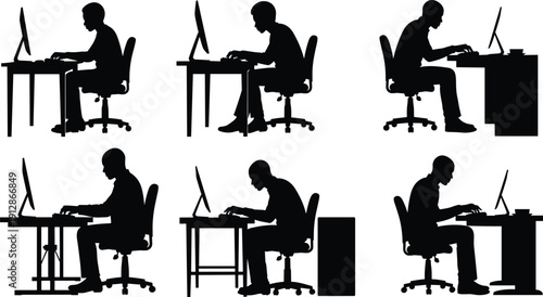 Silhouette set of individuals working at desks with desktop computers, ergonomic posture and office  