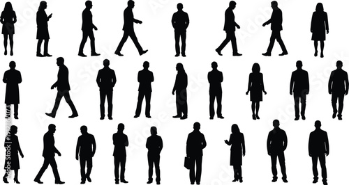 Business people silhouettes collection, men and women standing and walking poses, professional office workers isolated black illustration set