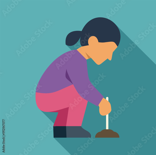 Woman gardening, digging soil and planting new seeds