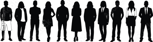 Business people silhouettes collection, men and women standing corporate team, professional office workers set, isolated black figures illustration