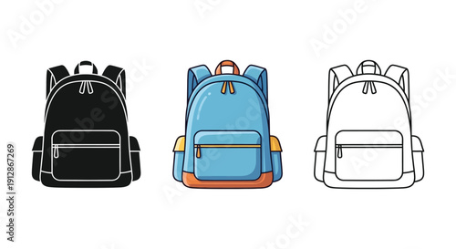 Set of three backpack icons black silhouette, colored illustration, and outline drawing