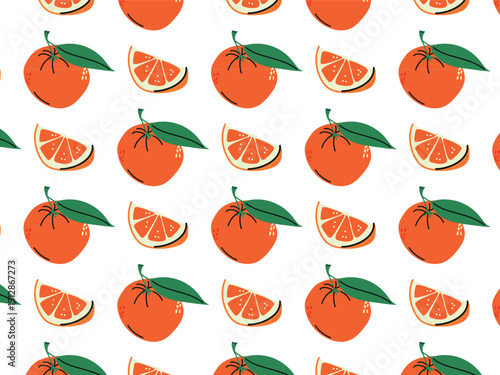 Seamless citrus fruit pattern with mandarins and oranges, bright hand drawn flat vector background with orange slices, whole fruits and green leaves, colorful botanical repeat design for packaging