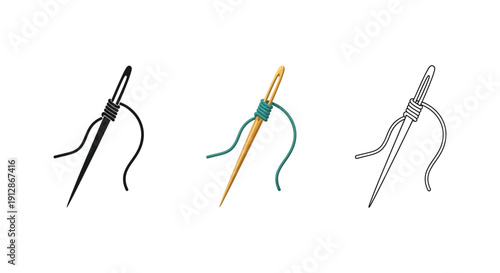 Set of three sewing needles with thread, different styles black silhouette, colored illustration, and outline drawing