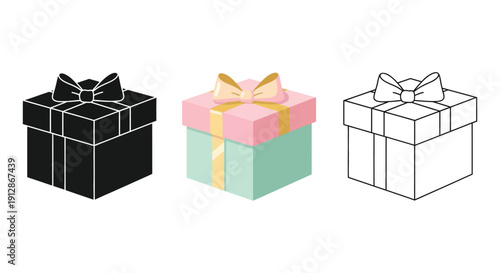 Set of three gift boxes icons in different styles solid black silhouette, colored illustration, and outline drawing