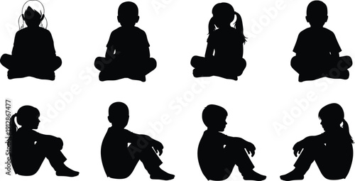 Children sitting silhouettes collection, boys and girls seated poses, black kid figures set, isolated child shadow illustration