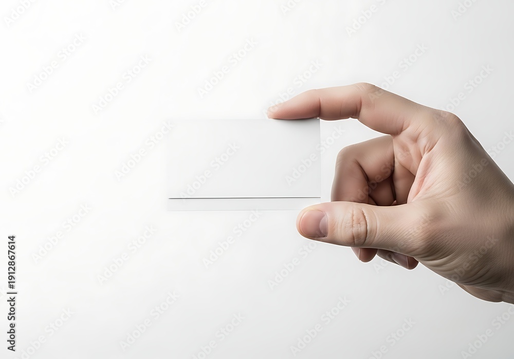 Obraz premium Hand holding a blank white business card on white background
