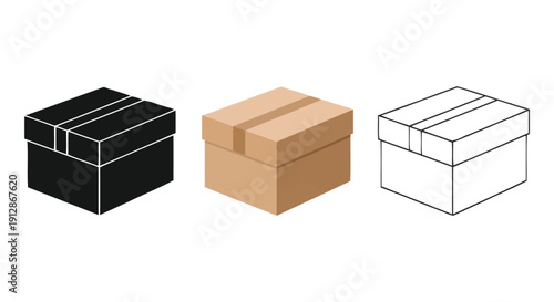 Set of three isometric cardboard boxes icons solid black, color, and outline drawing, representing packaging, delivery, and shipping concepts