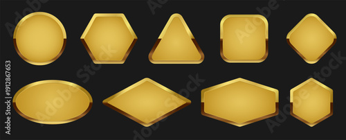 Vip gold medal template, award mockup, label, badge. Empty shiny smooth metal emblem. Premium isolated golden frame, text box. EPS10 Vector