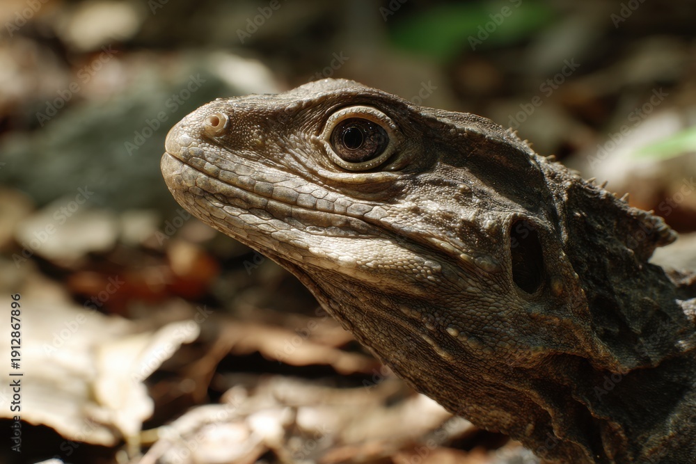 Obraz premium Close Up Profile of Ancient Tuatara Reptile in Natural Forest Habitat