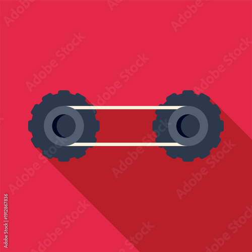 Two gears linked by a white drive belt on a red background