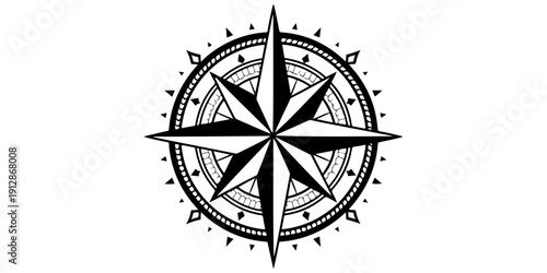 Vintage nautical windrose and compass rose vector illustration featuring a north star symbol for map navigation and travel adventure direction
