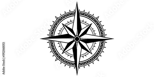 Nautical wind rose compass vector icon on a black background featuring a star design with north direction arrows for map navigation and travel adventure cartography
