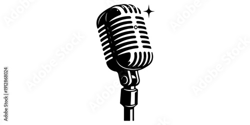Professional studio audio equipment featuring a classic chrome retro vintage microphone isolated on a white background for radio broadcast, music recording, or stage karaoke performance